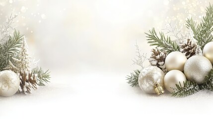 Elegant Christmas Background  White   Gold Ornaments  Pine Cones  Snow