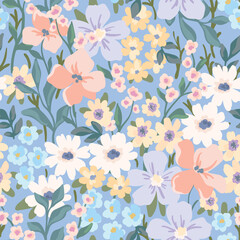 Seamless floral pattern, delicate ditsy print with spring meadow in pastel colors. Cute botanical design, abstract print of hand drawn small flowers, leaves on blue field. Vector illustration. © Yulya i Kot