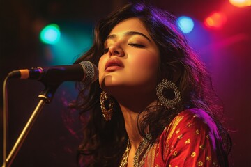 Young woman singing into microphone stage She is indian