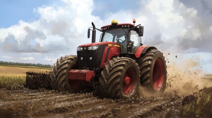 Obraz premium Heavy-duty tractor with cultivator attachment tilling a muddy field, dust clouds