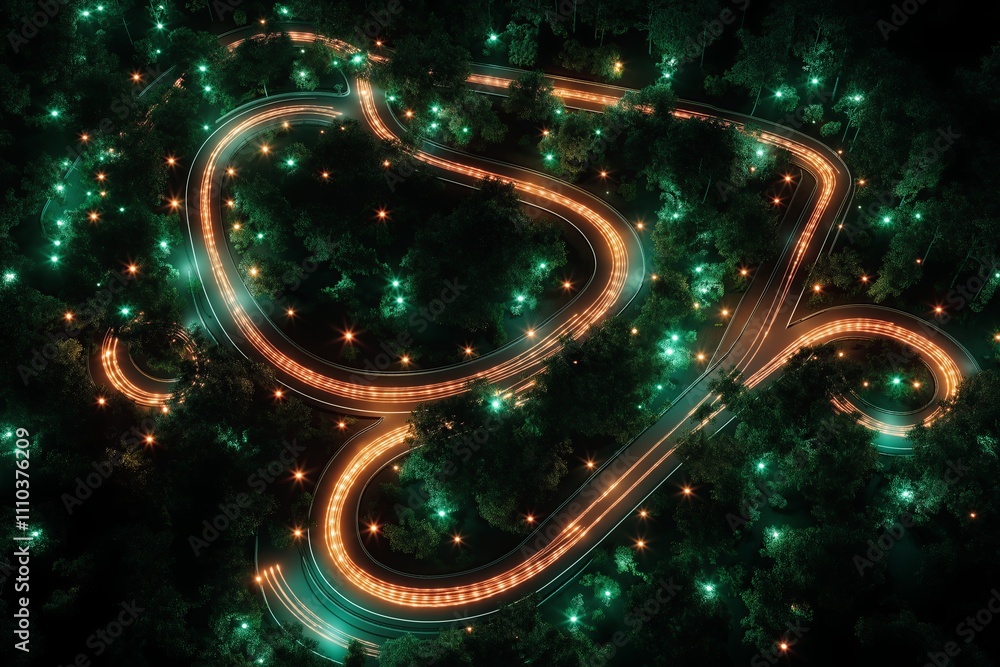 Poster a drone shot of winding highways with glowing car lights forming intricate patterns.