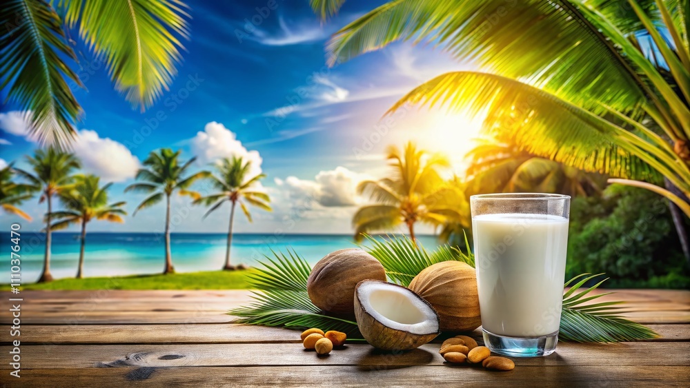 Aufkleber refreshing coconut milk drink in a panoramic setting with ample space for custom label design, ideal