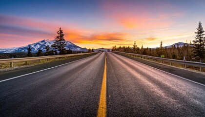Naklejka premium Sunset on the highway, Highway road images, Highway landscape background, highway road copy space,
