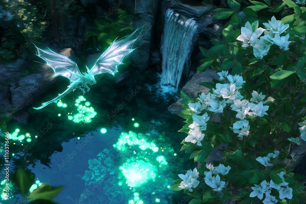 Aufkleber a fantasy scene of a dragon soaring over a glowing waterfall surrounded by floating islands
