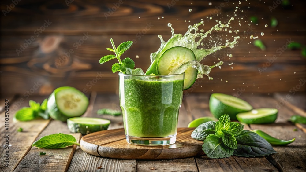 Poster refreshing green smoothie with splashing cucumber and mint in a vibrant setting, captured with rule 