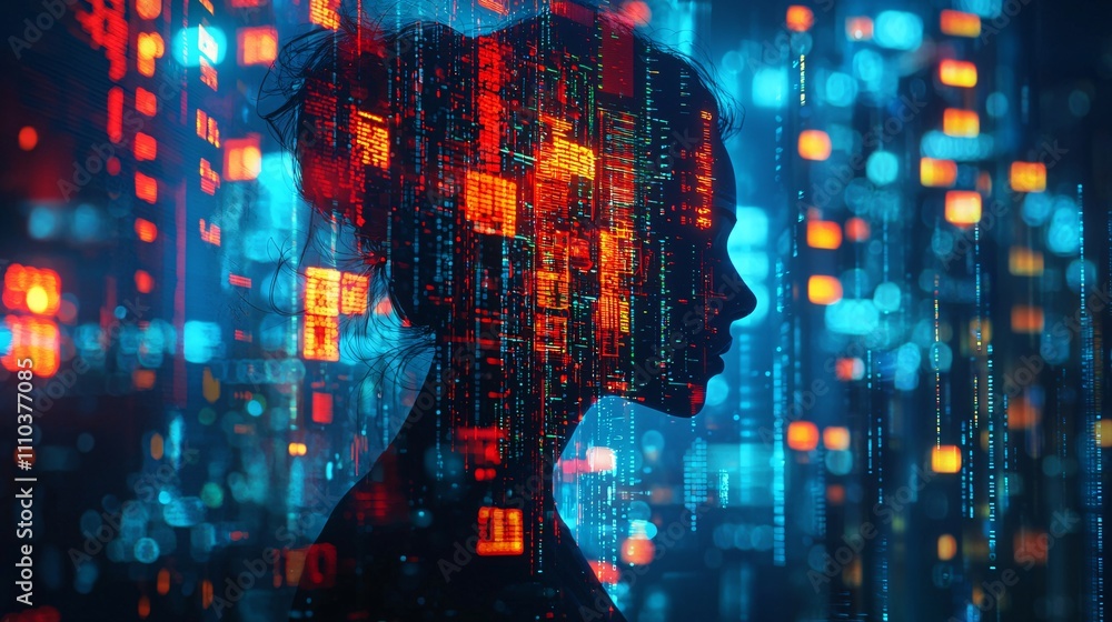 Poster a robot analyzing big data for stock market trends in a cutting-edge trading environment stock photo