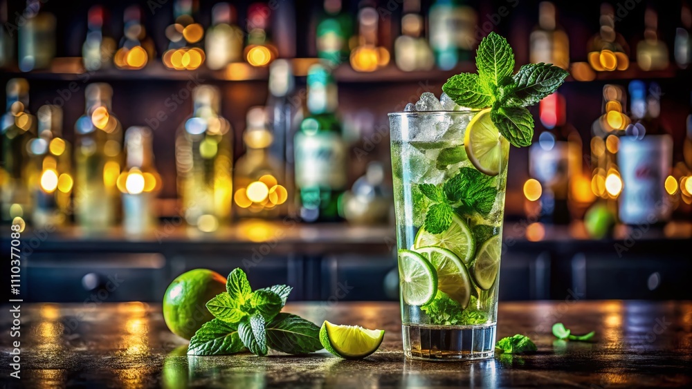 Poster refreshing mojito cocktail in a dark bar setting perfect for evening relaxation with copy space for 