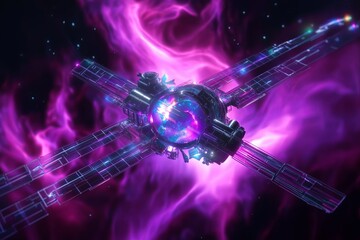 A futuristic space station orbiting a vibrant, multicolored nebula