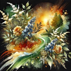 Naklejka premium Serene Sunset Landscape with Blooming Flowers Artistic Watercolor Painting