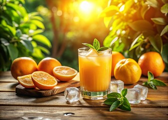 Naklejka premium Refreshing Orange Juice with Ice and Garnish in a High Depth of Field Setting, Capturing the Essence of Summer Vibes and Refreshment for Healthy Lifestyle Marketing