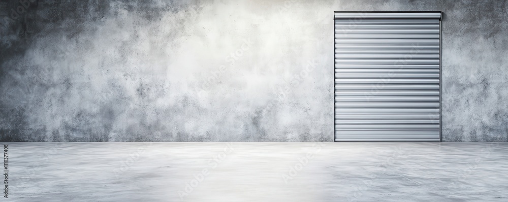 Poster a minimalist industrial space featuring a gray concrete floor and a closed roller shutter, creating 