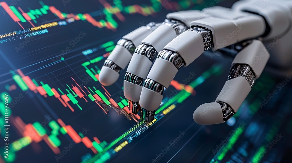 Aufkleber A robotic system tracking multiple crypto exchange rates for efficient trading strategies Stock Photo with side copy space