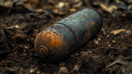 A close-up of an unexploded shell partially buried in the ground, surrounded by dirt and scattered remnants of battle