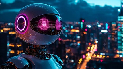 A robot using predictive models for accurate stock market analysis and future trend forecasts Stock Photo with side copy space