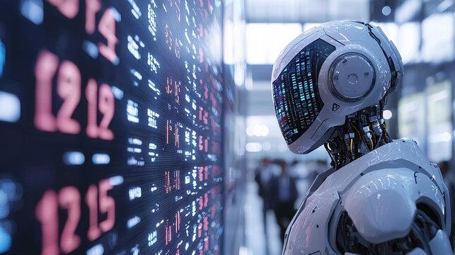 A futuristic robot using advanced algorithms to process complex financial market data Stock Photo with side copy space