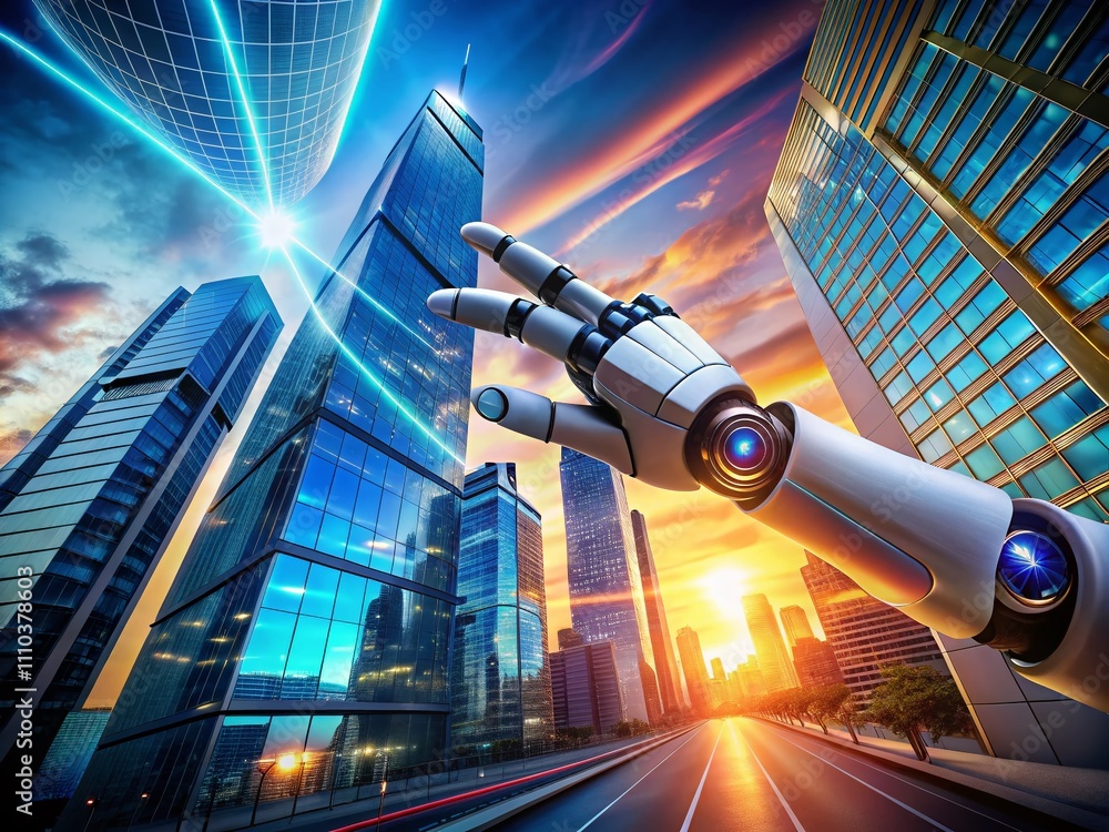 Poster robotic hand interacting with a virtual screen in a futuristic architectural setting, showcasing tec
