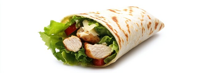 A gourmet chicken Caesar wrap with romaine lettuce and Parmesan, isolated white background, minimalist art style