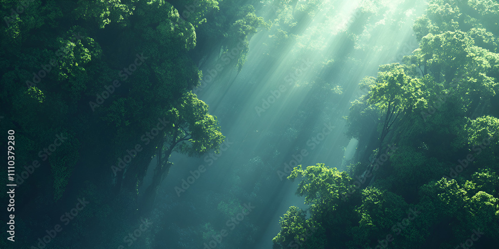Poster sunlight filtering through canopy: a breathtaking view of sunbeams piercing through a dense, verdant