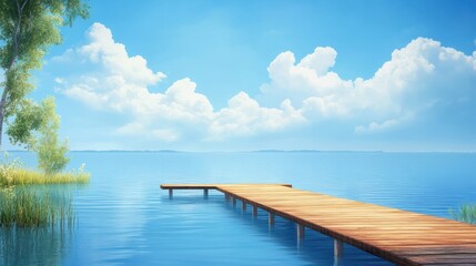 pontoon pier on the lake shore on a beautiful summer day. Creative banner. Copyspace image