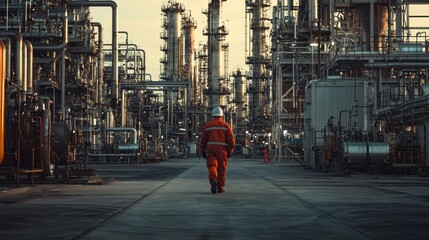 Obraz premium Refinery technician walking through gigapixel high fidelity image industrial site photography sunset environment perspective on technology