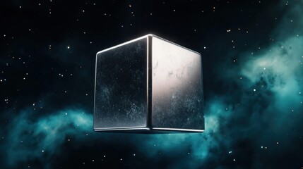 A metal cube with reflective surfaces floating in space