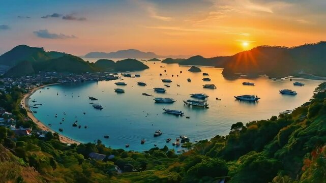 Stunning Sunset Over Labuan Bajo Harbor in Komodo National Park, Indonesia: A Breathtaking Panorama of Boats and Islands