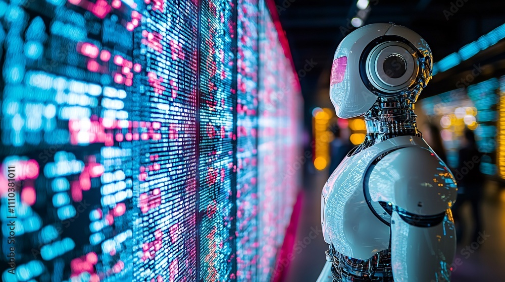 Aufkleber A collaborative environment where robots enhance financial decision-making through AI Stock Photo with side copy space
