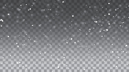 Snow gray transparent background. Christmas snowy winter design. White falling snowflakes, abstract landscape.