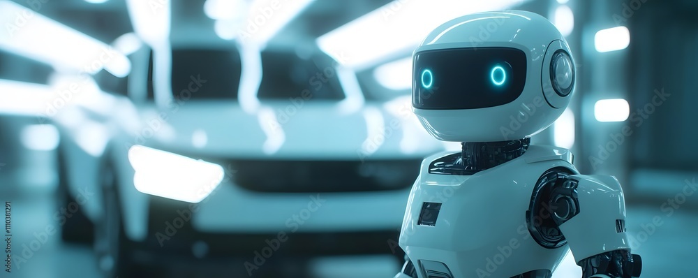 Aufkleber a futuristic robot stands in a high-tech environment with a sleek car in the background.