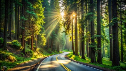 Scenic Road Through a Dense Forest with Towering Pines on Each Side, Inviting Adventure and Tranquility in Nature's Embrace