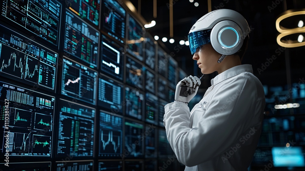 Poster A robotic system analyzing real-time stock market data with advanced decision-making capabilities Stock Photo with side copy space