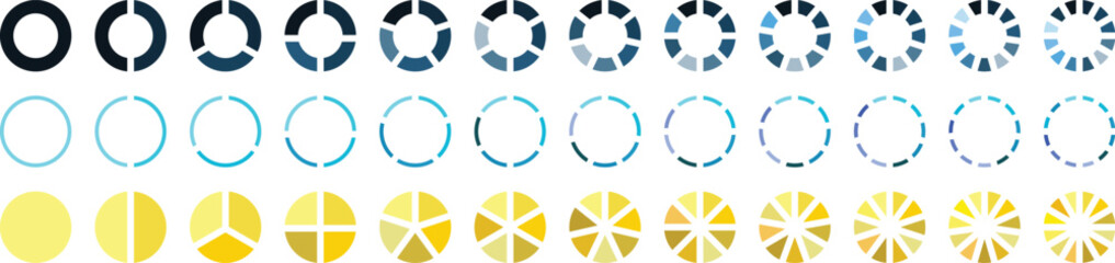 Percentage diagram. Pie chart divided 1,2,3,4,5,6 equal parts. Colorful pie chart diagram collection. Pie chart infographic set. Circle icons for infographic. Segmented circle icons
