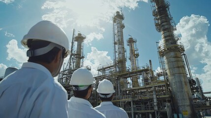 Technician team in white helmets inspecting industrial site high-fidelity photography bright day focus on safety and analysis