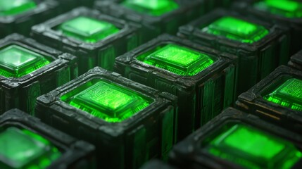 Fototapeta premium sustainability concept. Green glowing cubes arranged in a grid pattern.