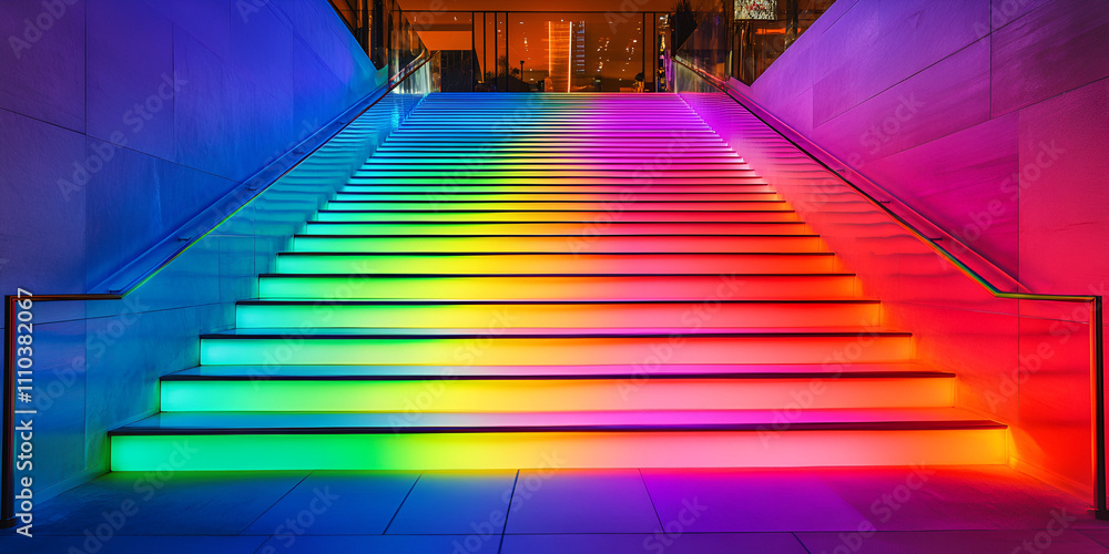 Poster rainbow steps to success: vibrant, colorful staircase illuminated with dynamic led lights, creating 