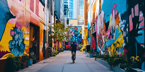 Fototapeta premium Urban Art Exploration: A lone cyclist navigates a vibrant alleyway adorned with colorful murals, capturing the essence of urban art and exploration. 