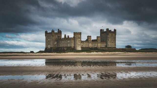 A fromt view of a castle with dark clouds in the sky