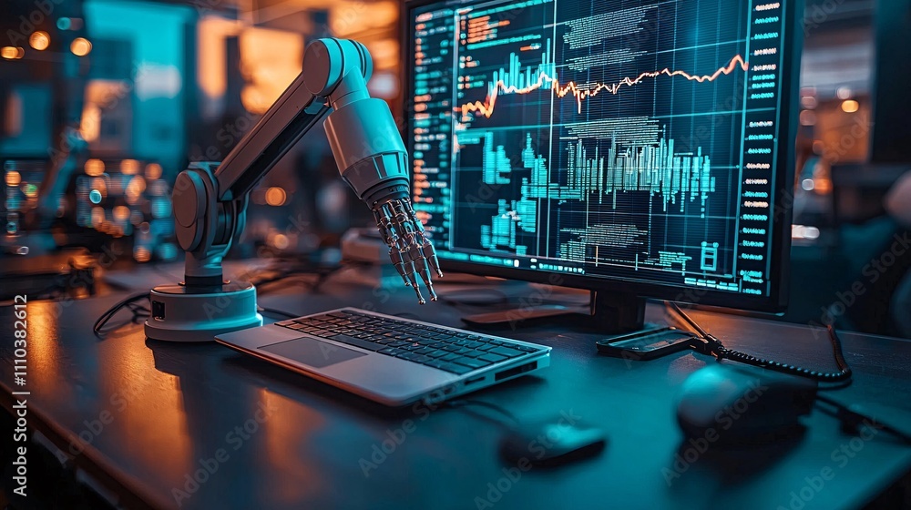 Aufkleber A portfolio management system where robots use risk assessment algorithms for stability Stock Photo with side copy space