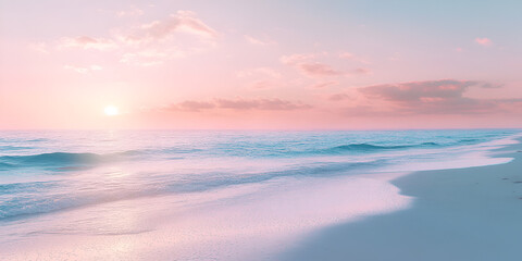 Pastel Paradise: A serene seascape awash in soft pink and blue hues, capturing the ethereal beauty of a sun-kissed sunset over tranquil waves.