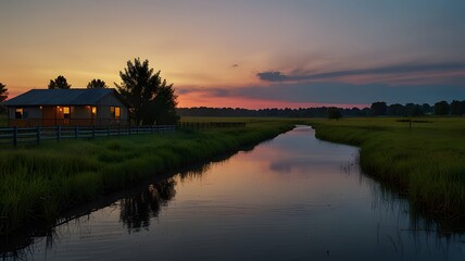Fototapeta premium Sunset in the polder, close to Rotterdam Netherlands, Sonnenuntergang an einem See in Niederbayern, Bayern, Deutschland, sunrise over the river, colorful sunset over the river and dramatic sky.