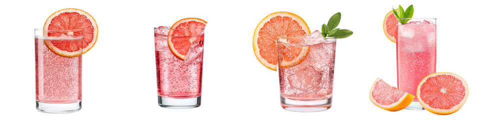 Refreshing and vibrant sparkling grapefruit soda in a glass filled with zesty citrus flavors and a fizzy bubbly texture  The drink is chilled with ice
