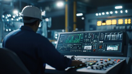 Technician monitoring operations industrial control room high-fidelity environment technology focus realistic viewpoint efficiency concepts