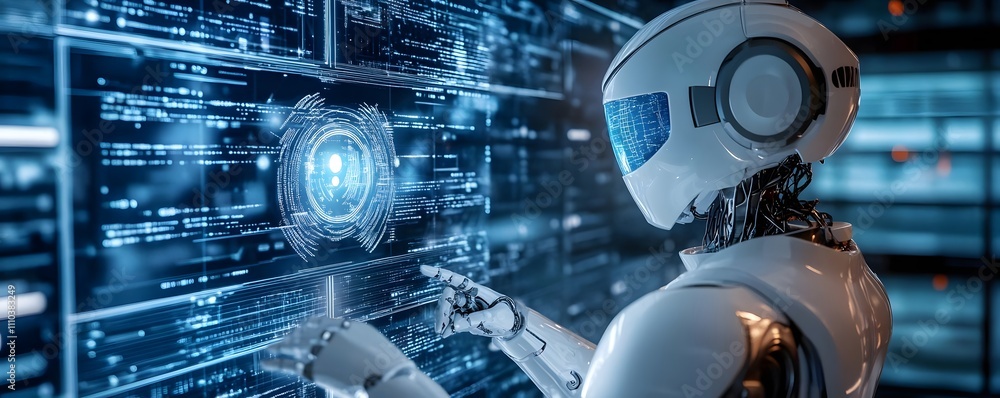 Poster a futuristic robot interacts with a digital interface, showcasing advanced technology.