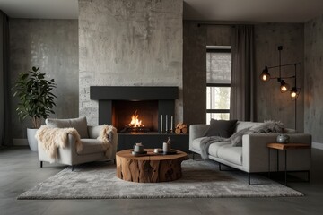 Minimalist, rustic interior design of modern living room. Corner sofa with grey and fur pillows near fireplace, nd abstract art in a warm, welcoming space