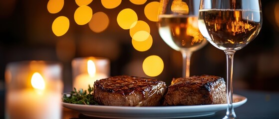 Romantic Valentine's Dinner Closeup of Steak Wine Glasses and Flickering Candles Intimate Setting Evening Atmosphere
