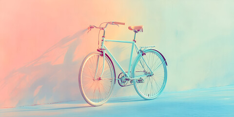 Fototapeta premium Pastel Dreams: A light teal bicycle stands elegantly against a soft, pastel-colored wall, bathed in a dreamy, colorful light. This image evokes a sense of calm and wanderlust. 