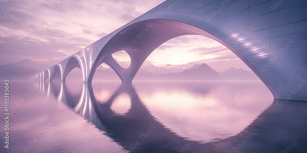 Poster Serene Bridge at Dawn: Modern architecture meets tranquil nature in this ethereal image of a bridge reflecting in calm water at sunrise.