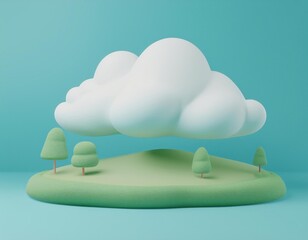 3D fluffy cloud floats gently above a miniature island with tiny trees