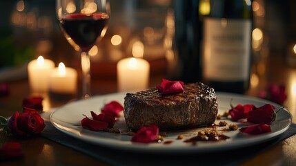 Romantic Steak Dinner for Two Cozy Table Setting Food Presentation Candlelit Atmosphere Intimate Viewpoint Valentine's Day Concept