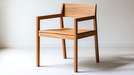 A simple wooden chair with a modern design, featuring armrests and a minimalist aesthetic against a plain background.